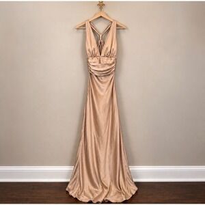 Vintage Rubber Ducky Productions Silk Gown Champagne Gold V-Neck Maxi Dress S